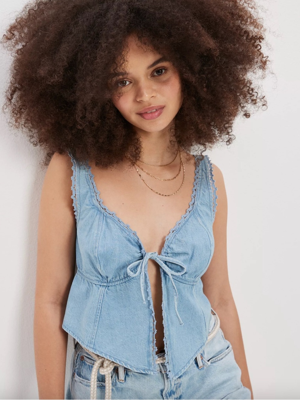 American Eagle Light Wash Denim Tie-Front Tank Top
